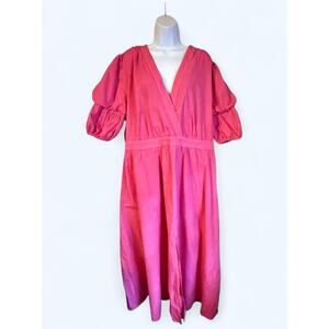 NY&Co. Pink Maxi Dress Women’s Puff Short Sleeve Slit Long V Neck Cotton Size 2X